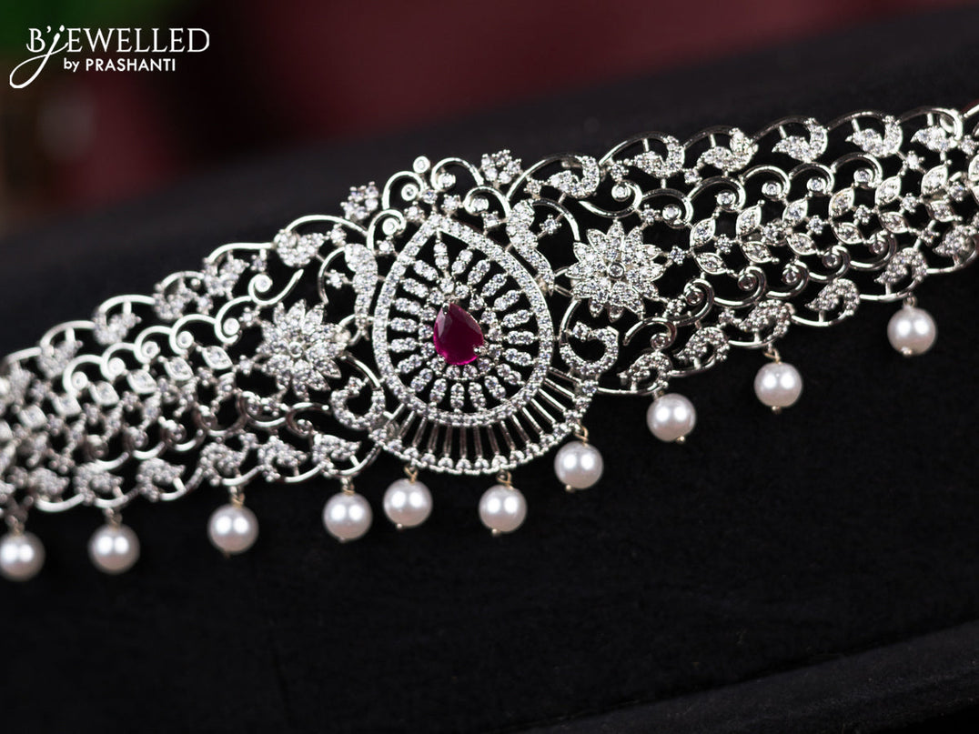 Zircon hip chain with ruby & cz stones and pearl hangings