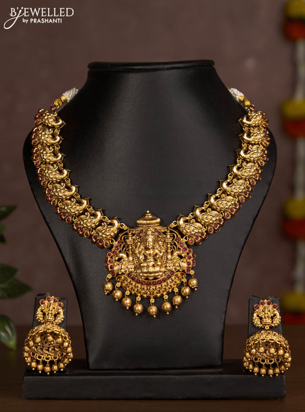 Antique necklace lakshmi design with pink kemp stones and golden beads hanging