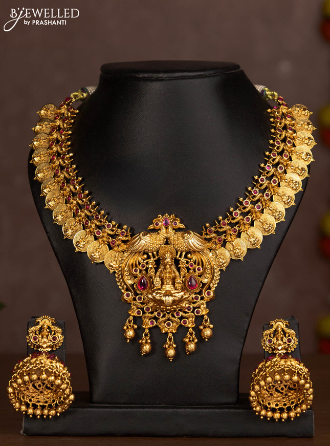 Antique necklace lakshmi kasu design with pink jadau stones and golden beads hanging