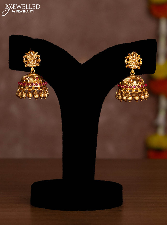 Antique necklace lakshmi design with pink jadau stones and golden beads hanging