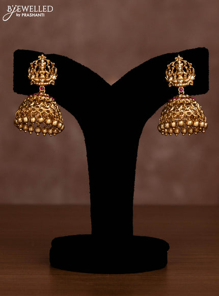 Antique necklace lakshmi design with pink jadau stones and golden beads hanging