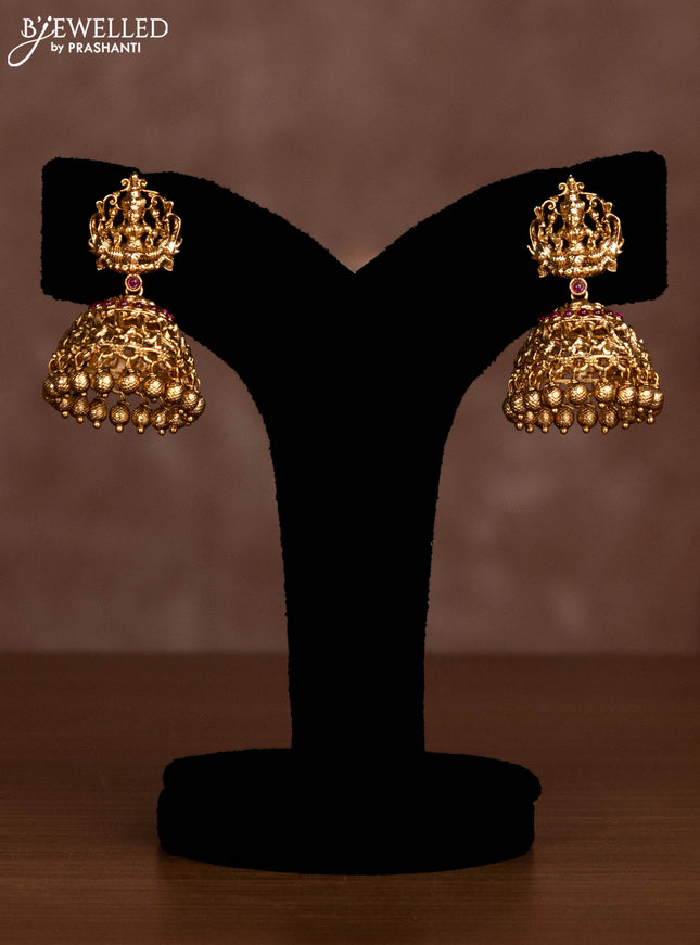 Antique necklace lakshmi design with pink jadau stones and golden beads hanging