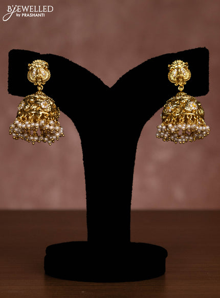 Antique triple layer necklace lakshmi design with jadau stones and green beads hanging