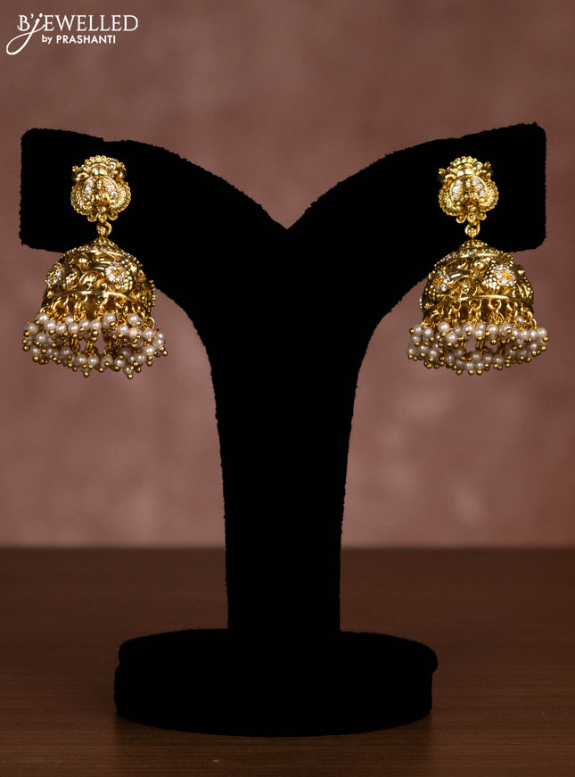 Antique triple layer necklace lakshmi design with jadau stones and green beads hanging