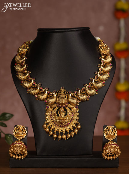 Antique necklace lakshmi & peacock design with pink kemp stones and golden beads hanging