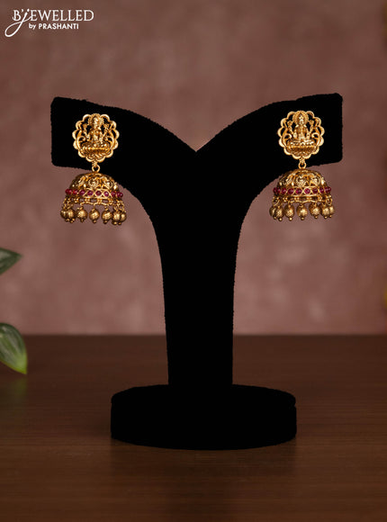 Antique necklace lakshmi & peacock design with pink kemp stones and golden beads hanging