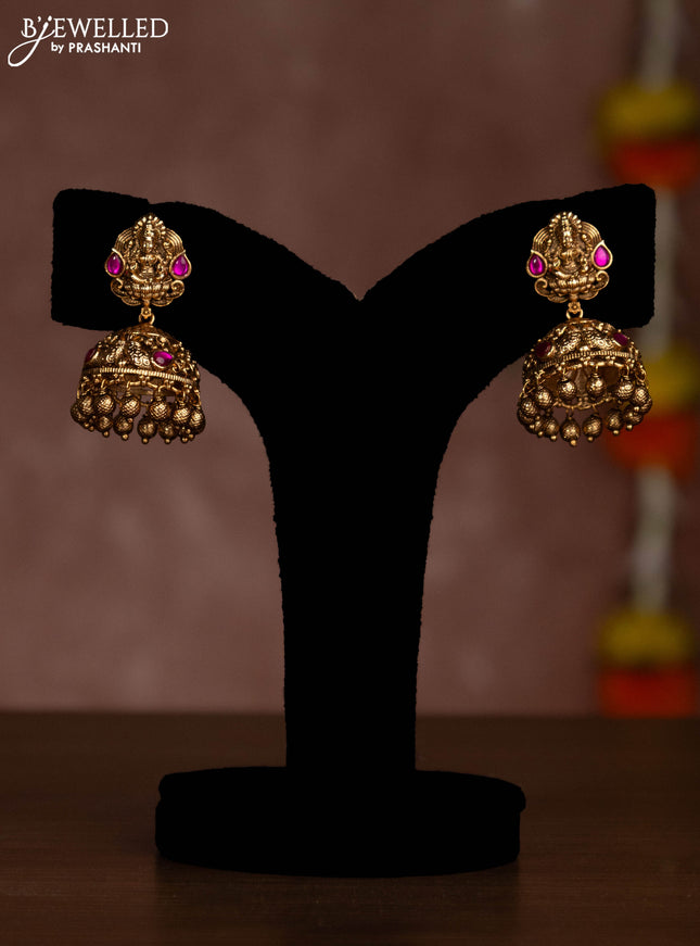 Antique necklace lakshmi design with pink jadau stones and golden beads hanging