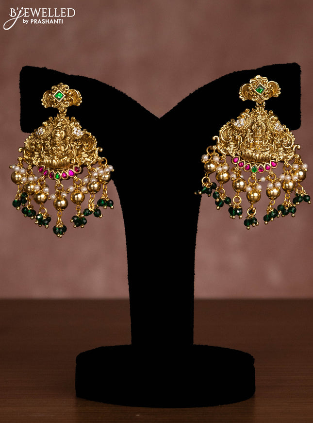 Antique necklace lakshmi design with jadau stones and green beads hanging