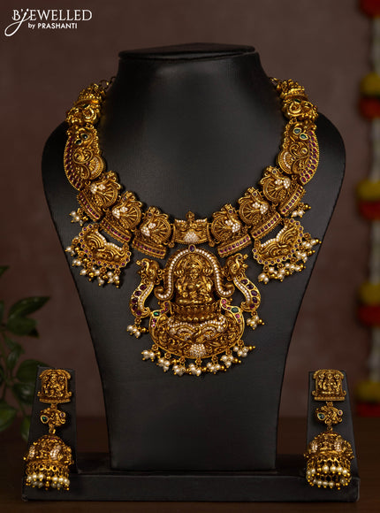 Antique necklace lakshmi design with jadau & cz stones and pearl hangings