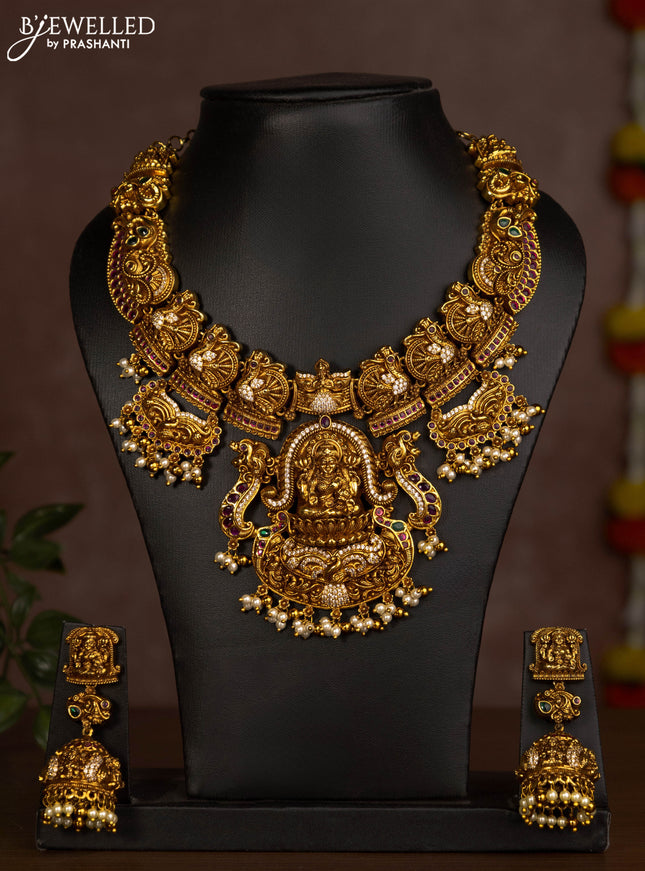 Antique necklace lakshmi design with jadau & cz stones and pearl hangings