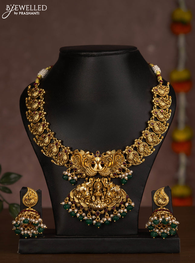 Antique necklace lakshmi design with pink kemp stones and green beads hanging