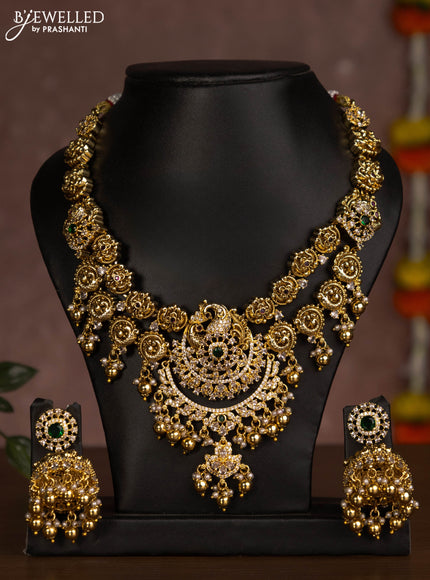 Antique necklace with kemp & cz stones and golden beads hanging