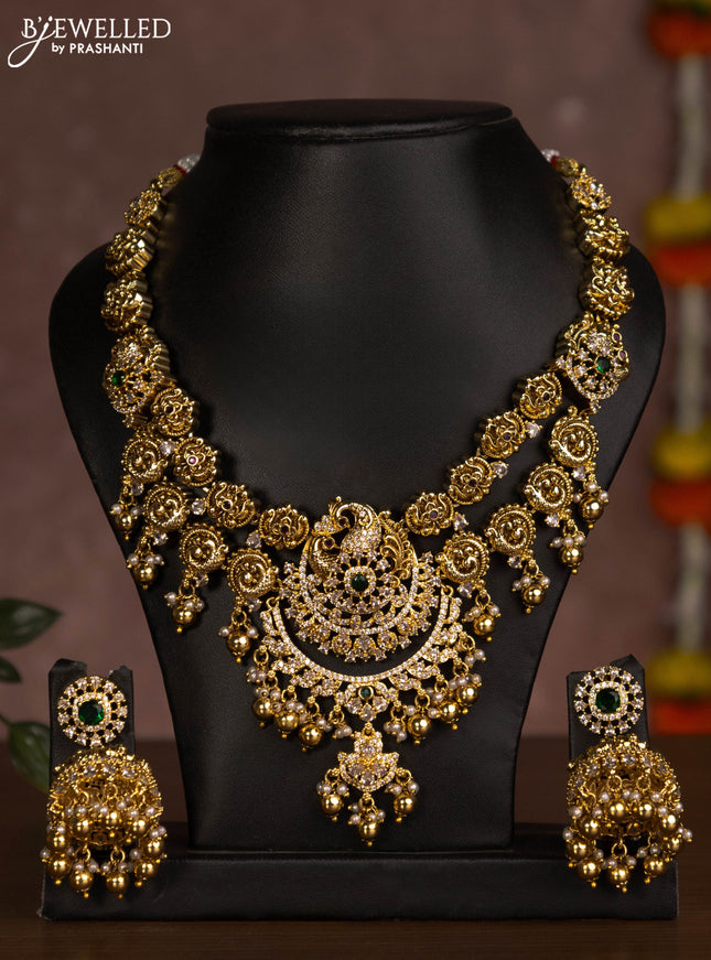 Antique necklace with kemp & cz stones and golden beads hanging