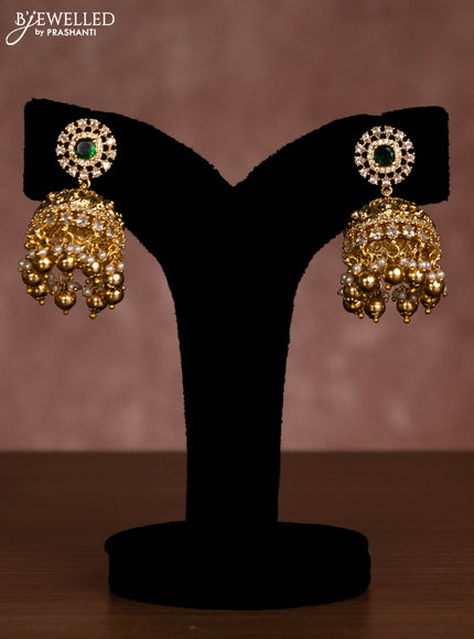 Antique necklace with kemp & cz stones and golden beads hanging