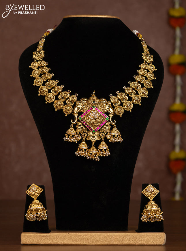 Antique necklace elephant design with jadau stones and pearl hangings