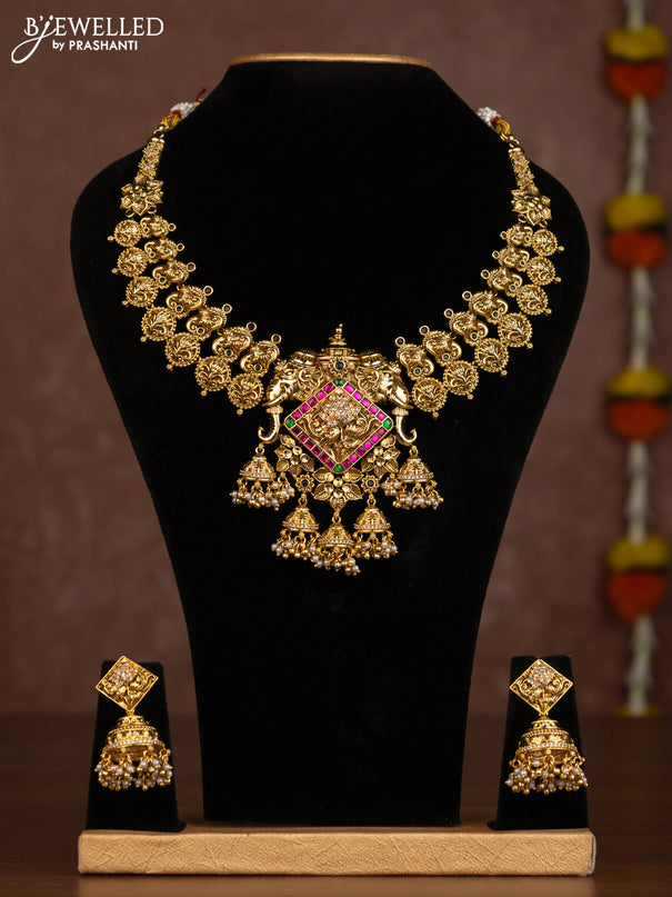 Antique necklace elephant design with jadau stones and pearl hangings