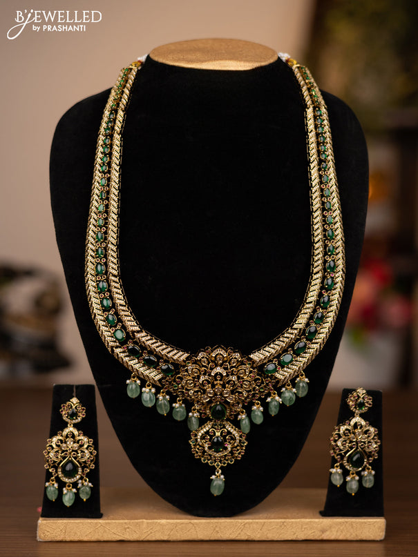 Antique haaram with jadau & cz stones and green beads hanging