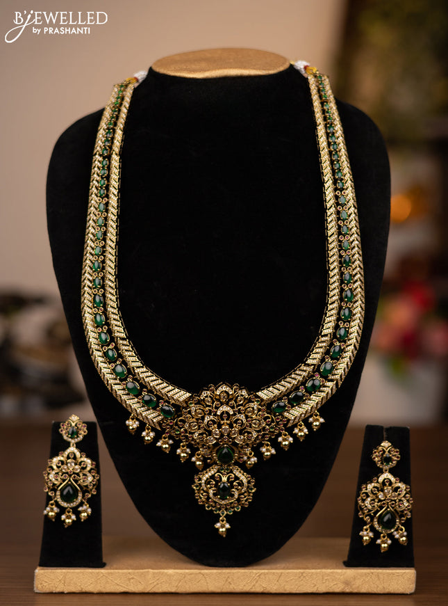 Antique haaram with jadau & cz stones and golden beads hanging