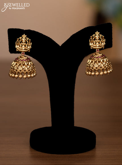 Antique haaram lakshmi design with pink jadau stones and golden beads hanging