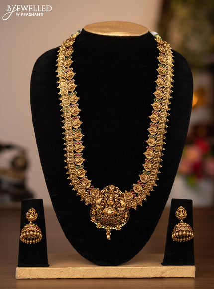 Antique haaram lakshmi kasu design with kemp stones and golden beads hanging