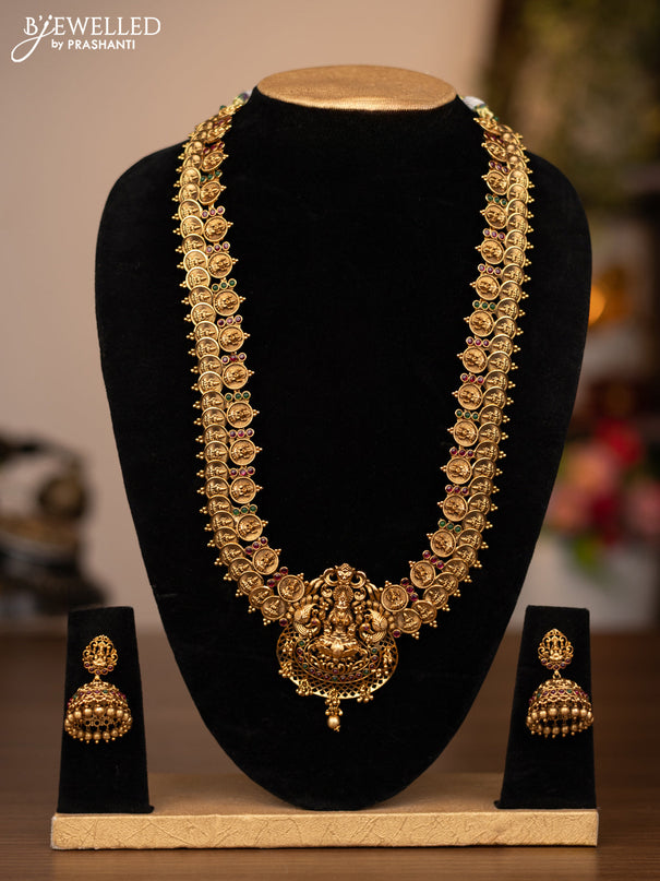 Antique haaram lakshmi kasu design with kemp stones and golden beads hanging