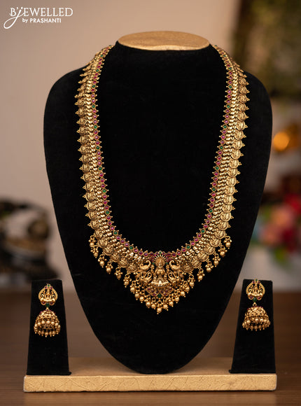 Antique haaram lakshmi kasu design with kemp stones and golden beads hanging