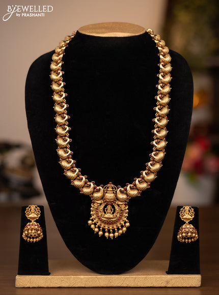 Antique haaram peacock & lakshmi design with pink kemp stones and golden beads hanging