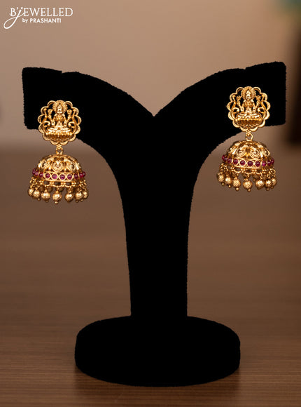 Antique haaram peacock & lakshmi design with pink kemp stones and golden beads hanging