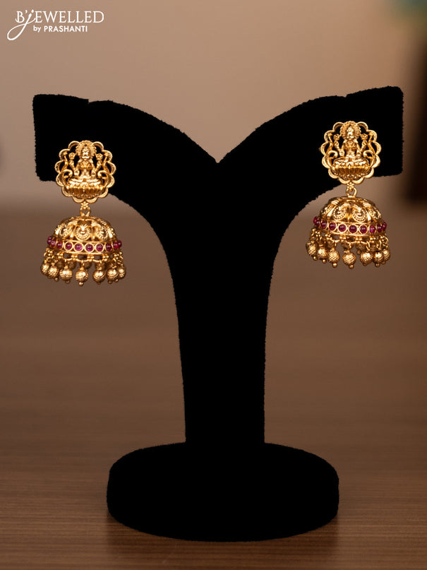 Antique haaram peacock & lakshmi design with pink kemp stones and golden beads hanging