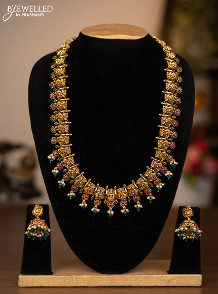 Antique haaram peacock design with pink kemp stones and green beads hanging