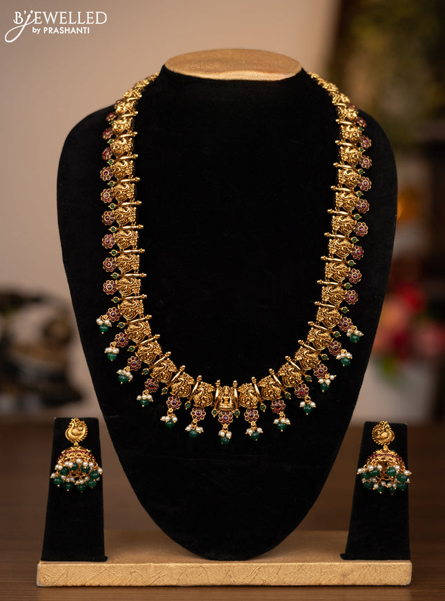 Antique haaram peacock design with pink kemp stones and green beads hanging