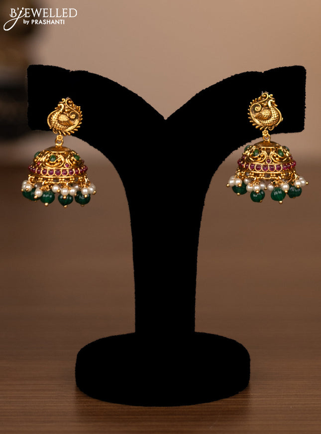 Antique haaram peacock design with pink kemp stones and green beads hanging