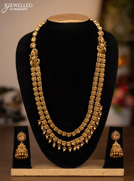 Antique double layer haaram peacock design with pink kemp stones and golden beads hanging