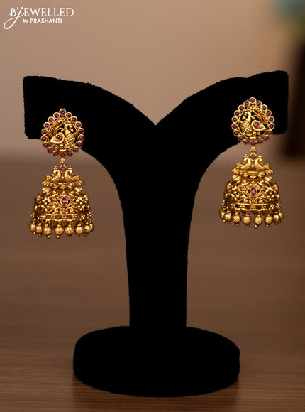 Antique double layer haaram peacock design with pink kemp stones and golden beads hanging