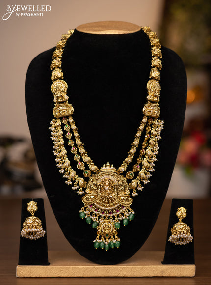 Antique triple layer haaram lakshmi design with jadau stones and green beads hanging