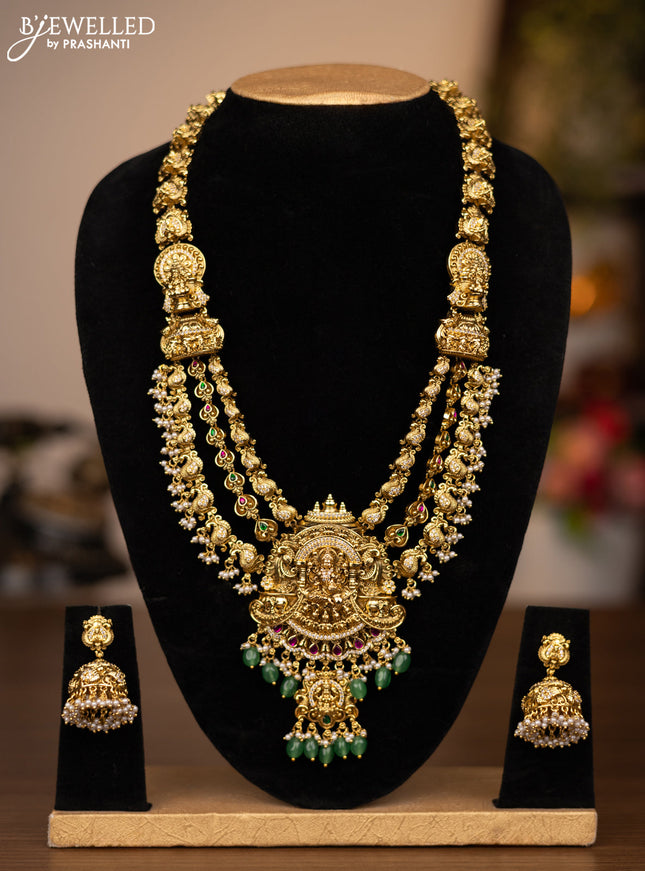 Antique triple layer haaram lakshmi design with jadau stones and green beads hanging