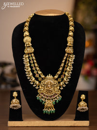 Antique triple layer haaram lakshmi design with jadau stones and green beads hanging