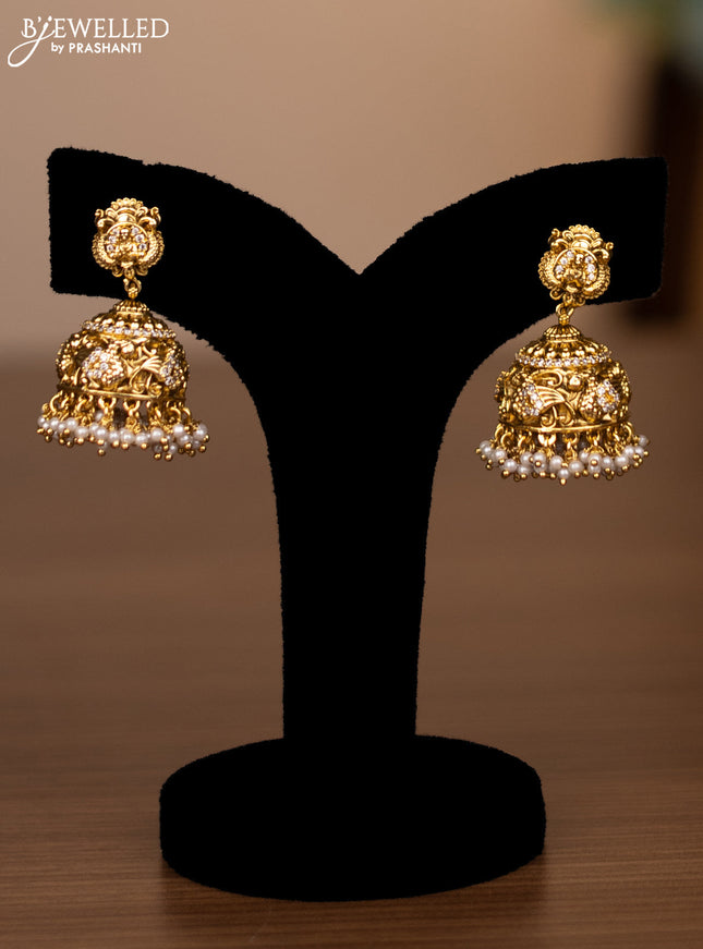 Antique triple layer haaram lakshmi design with jadau stones and green beads hanging