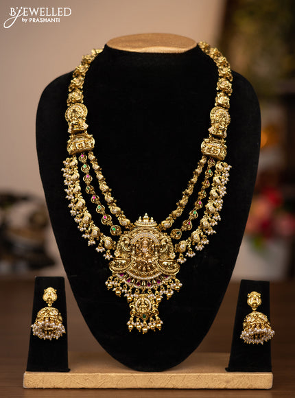 Antique triple layer haaram lakshmi design with jadau stones and golden beads hanging