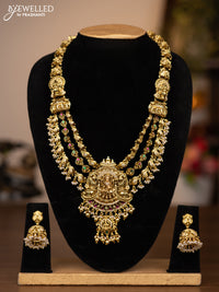 Antique triple layer haaram lakshmi design with jadau stones and golden beads hanging