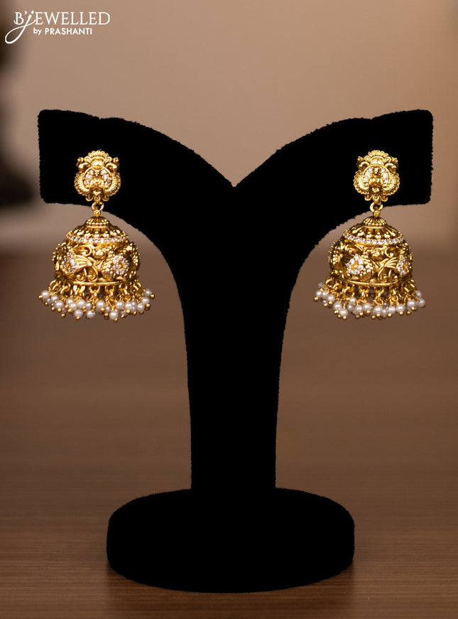 Antique triple layer haaram lakshmi design with jadau stones and golden beads hanging