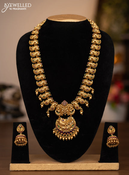 Antique haaram peacock design with kemp stones and golden beads hanging