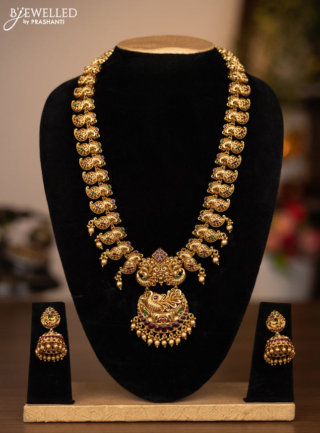 Antique haaram peacock design with kemp stones and golden beads hanging