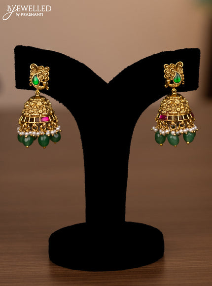 Antique haaram lakshmi design with jadau stones and green beads hanging