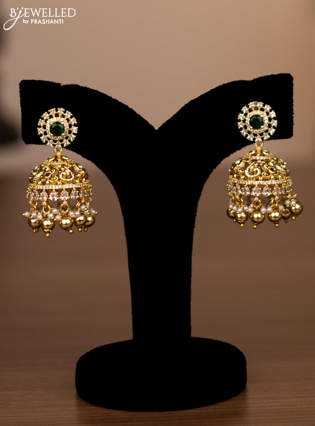 Antique double layer haaram with kemp & cz stones and golden beads hanging