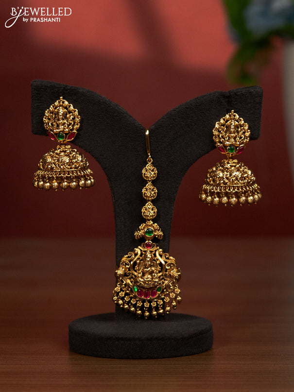 Antique bridal set lakshmi design with jadau stones and golden beads hanging