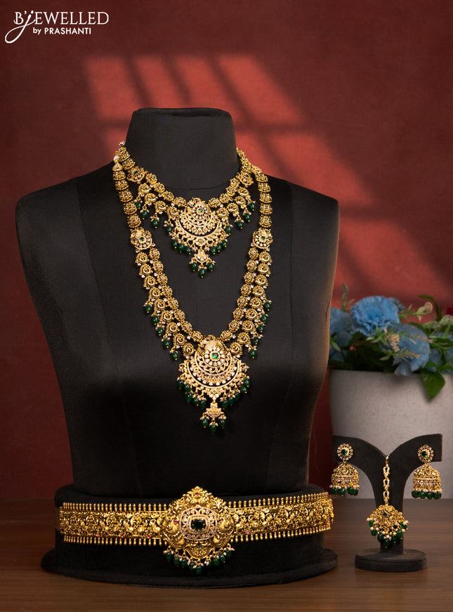 Antique double layer haaram with kemp & cz stones and green beads hanging