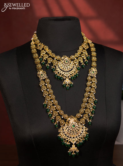 Antique double layer haaram with kemp & cz stones and green beads hanging