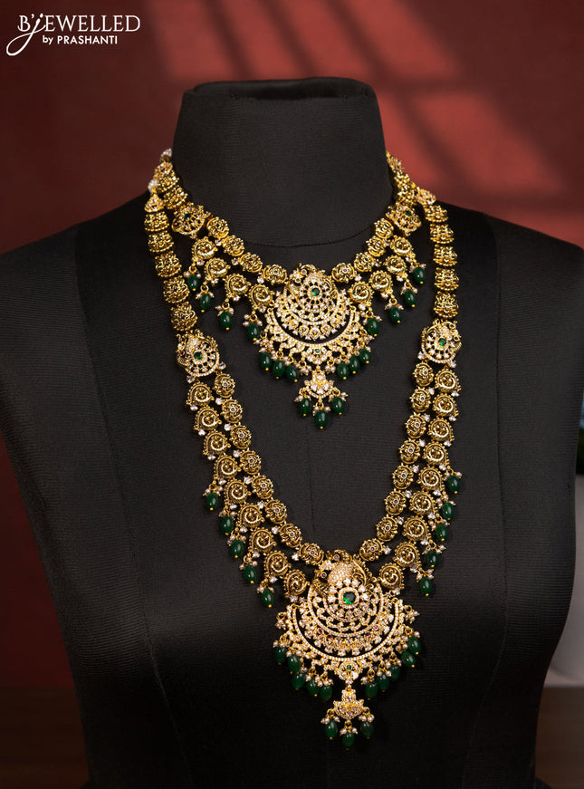 Antique double layer haaram with kemp & cz stones and green beads hanging