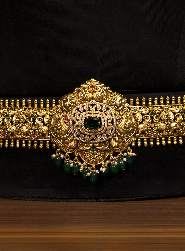 Antique double layer haaram with kemp & cz stones and green beads hanging